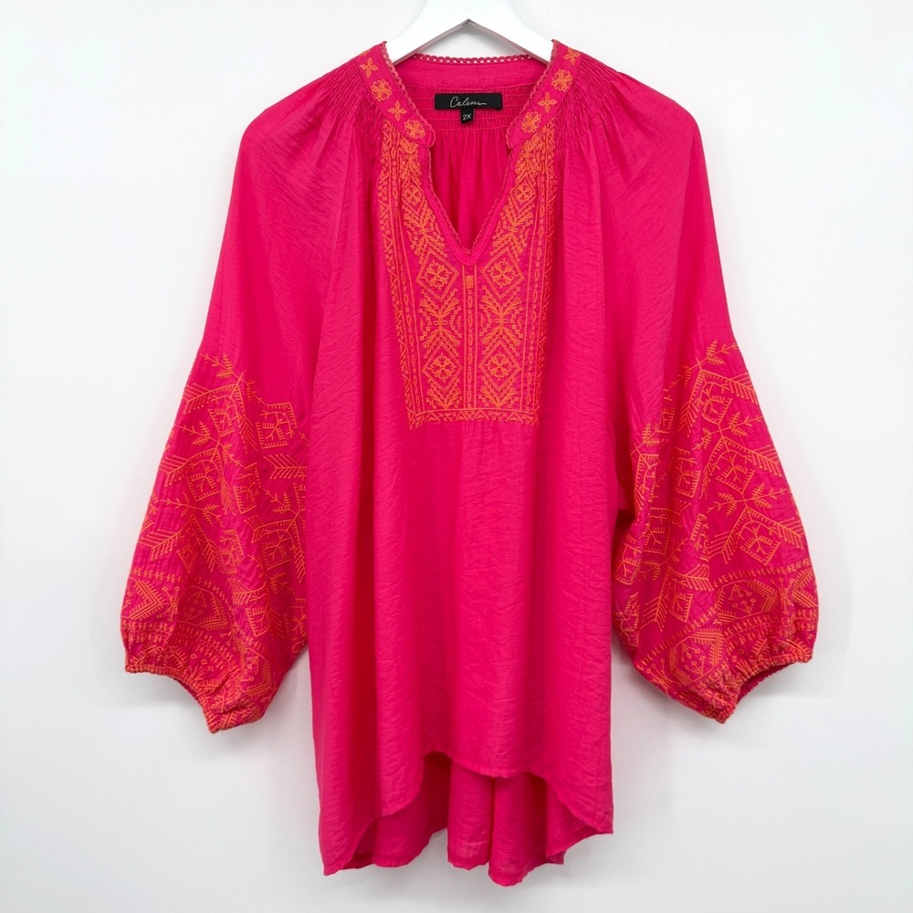Calessa Tunic Top Shirt Size 2X Embroidered 3/4 Balloon Sleeves Cotton Boho Pink